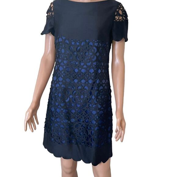 Muse Black Blue Laser Cut Eyelet Dress Size 6 black and navy blue sheath dress - Picture 4 of 16